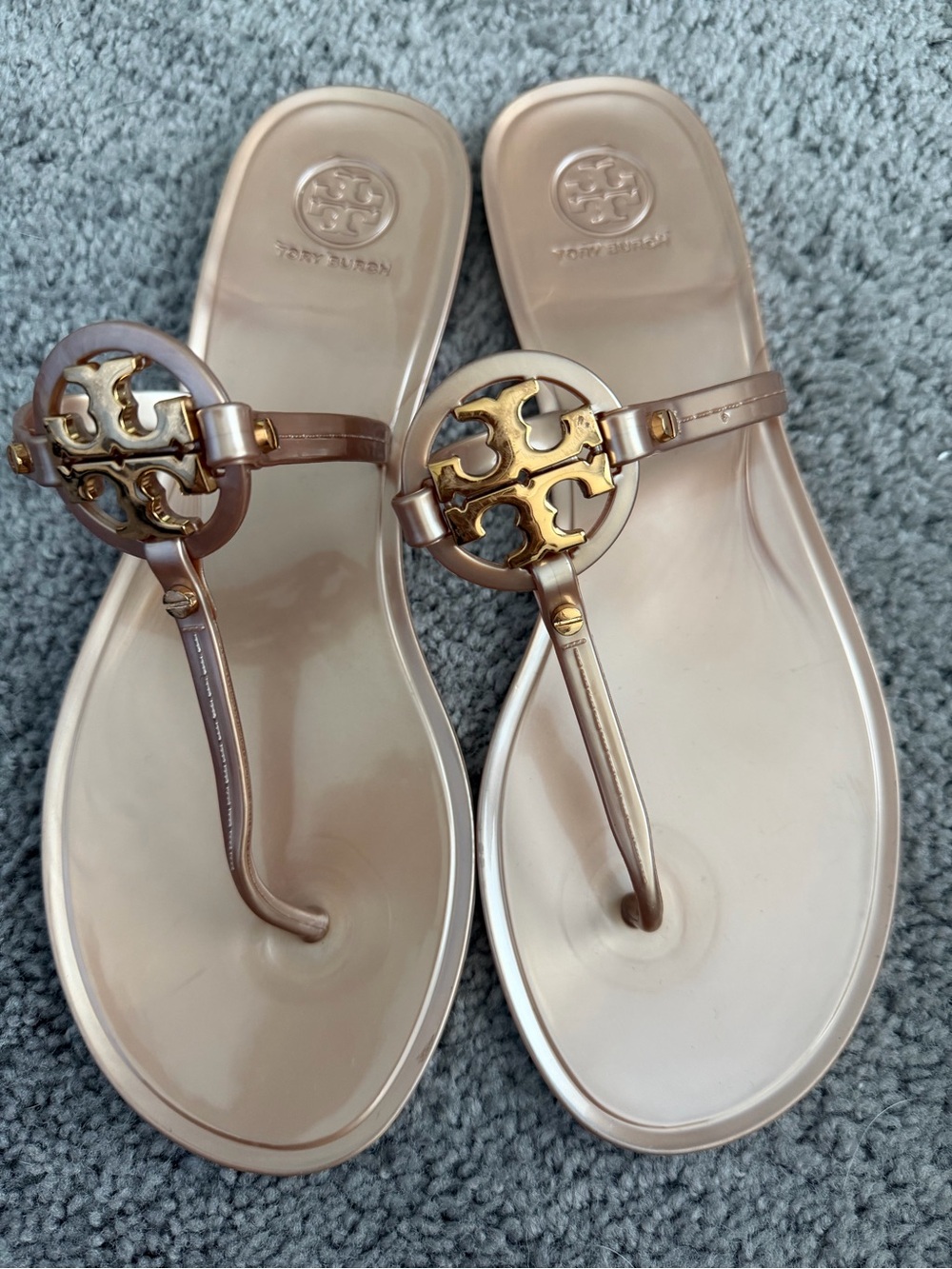 Tory Burch Rose Gold Miller Logo Jelly Thong Sandals Size 9